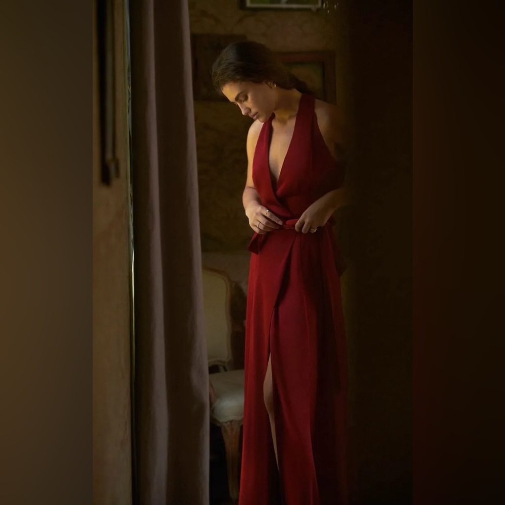 Anthropology Red Satin Wrap Maxi Dress
